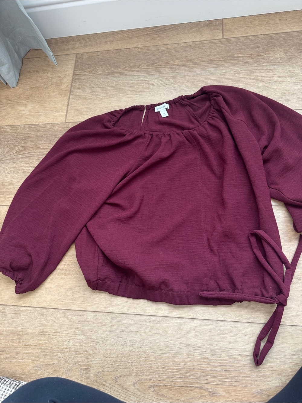 Nine West Maroon Long-Sleeve Tie-Hem Blouse